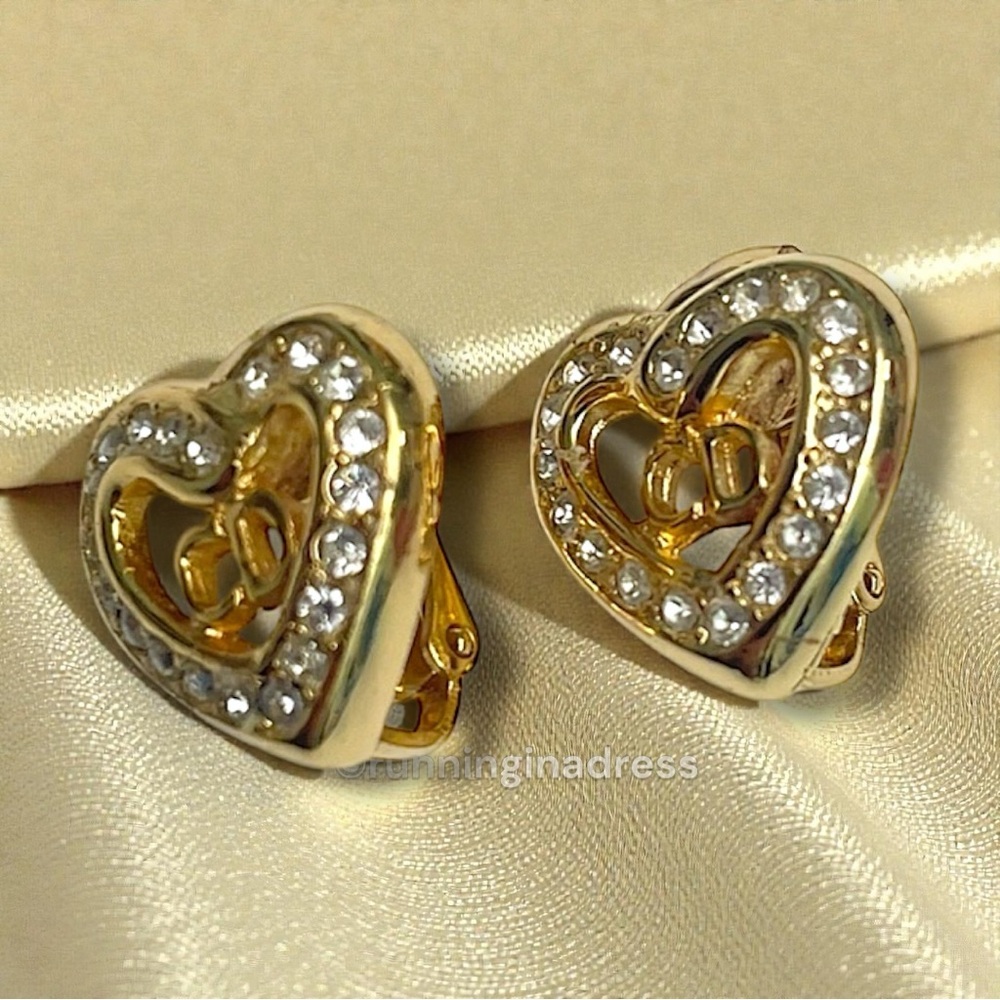 Vintage Christian Dior Gold CD Heart Crystal Earrings With Original Packaging - Picture 6 of 13
